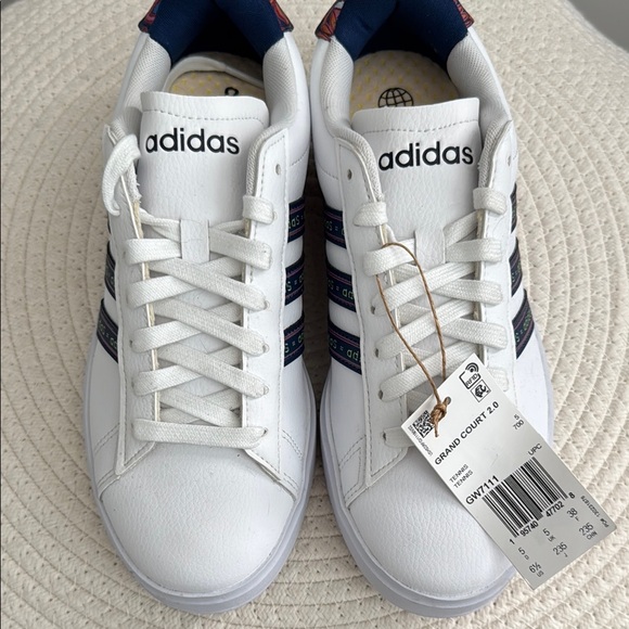 adidas Shoes - Adidas White Sneakers with Navy and Multicolor Stripes size 6.5